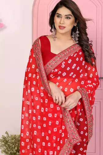 Red georgette embroidered partywear saree