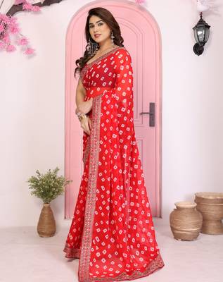 Red georgette embroidered partywear saree 4