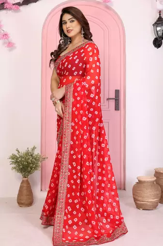 Red georgette embroidered partywear saree