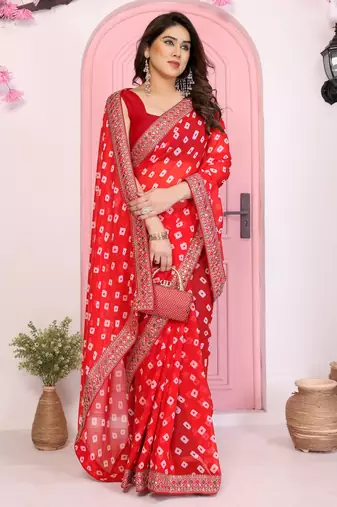 Red georgette embroidered partywear saree