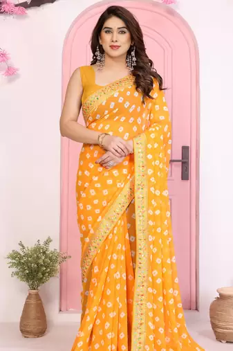 Yellow color georgette fabric embroidered partywear saree
