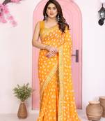 Yellow color georgette fabric embroidered partywear saree