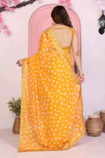 Yellow georgette embroidered partywear saree