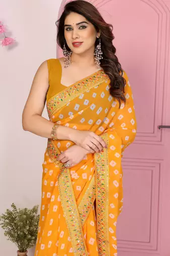 Yellow georgette embroidered partywear saree
