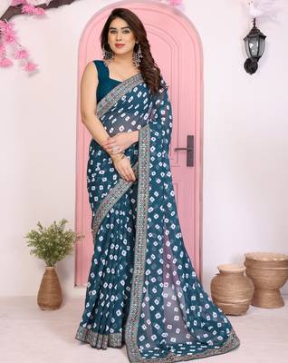 Teal blue georgette embroidered partywear saree 1