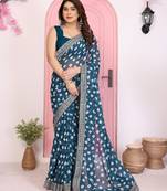 Teal blue color georgette fabric embroidered partywear saree