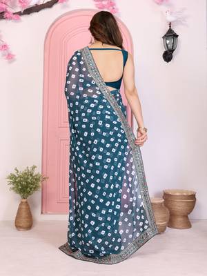 Teal blue georgette embroidered partywear saree 2