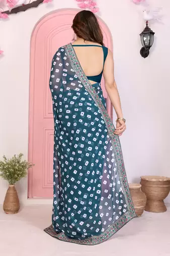 Teal blue georgette embroidered partywear saree