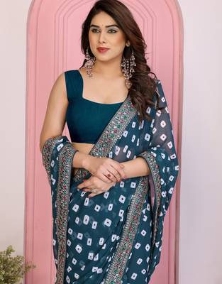 Teal blue georgette embroidered partywear saree 3