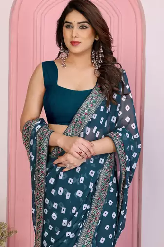 Teal blue georgette embroidered partywear saree
