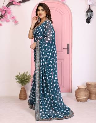 Teal blue georgette embroidered partywear saree 4