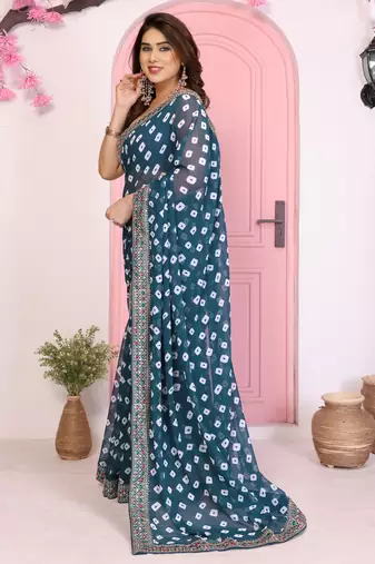 Teal blue georgette embroidered partywear saree