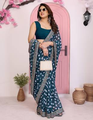 Teal blue georgette embroidered partywear saree 5