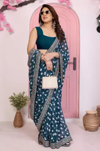 Teal blue georgette embroidered partywear saree