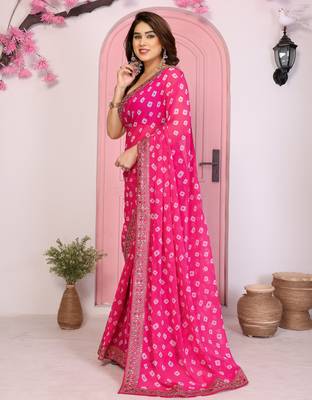 Pink georgette embroidered partywear saree 4