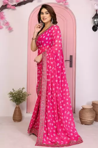 Pink georgette embroidered partywear saree