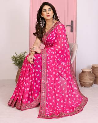 Pink georgette embroidered partywear saree 5