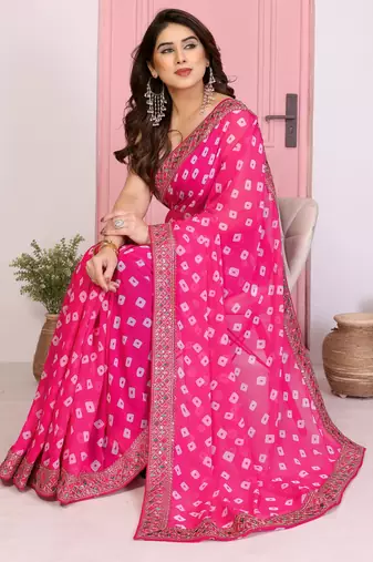 Pink georgette embroidered partywear saree
