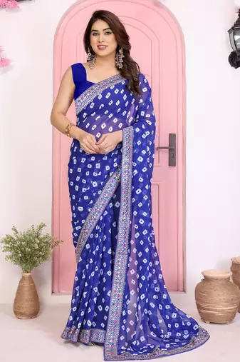 Blue color georgette fabric embroidered partywear saree