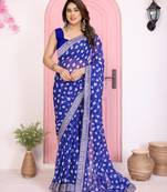 Blue color georgette fabric embroidered partywear saree