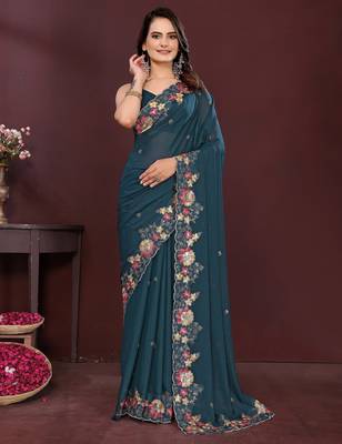 Teal blue star georgette embroidery work ethnic partywear saree 1