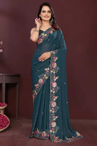 Teal blue color star georgette fabric designer embroidery work ethnic partywear saree