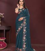 Teal blue color star georgette fabric embroidery work ethnic partywear saree