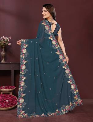 Teal blue star georgette embroidery work ethnic partywear saree 2