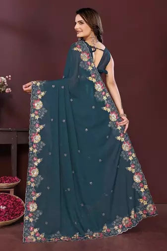 Teal blue star georgette embroidery work ethnic partywear saree