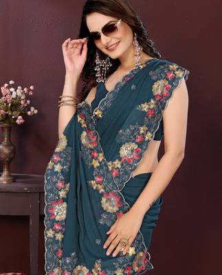 Teal blue star georgette embroidery work ethnic partywear saree 3