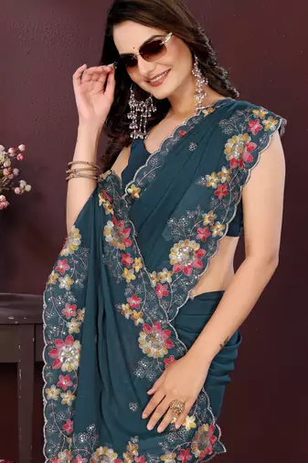 Teal blue star georgette embroidery work ethnic partywear saree