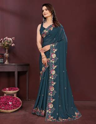 Teal blue star georgette embroidery work ethnic partywear saree 4