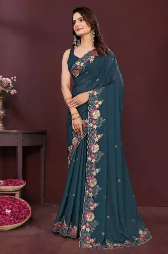 Teal blue star georgette embroidery work ethnic partywear saree
