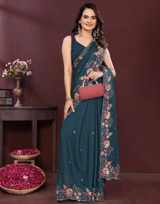 Teal blue star georgette embroidery work ethnic partywear saree 5