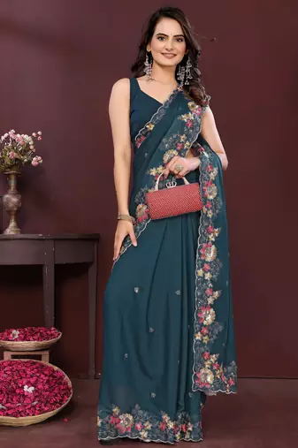 Teal blue star georgette embroidery work ethnic partywear saree