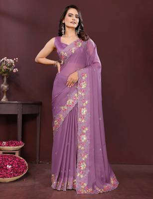 Lavender star georgette embroidery work ethnic partywear saree 1