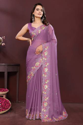 Lavender color star georgette fabric designer embroidery work ethnic partywear saree