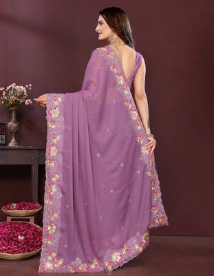 Lavender star georgette embroidery work ethnic partywear saree 2