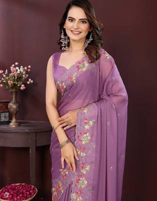 Lavender star georgette embroidery work ethnic partywear saree 3