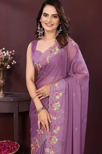 Lavender star georgette embroidery work ethnic partywear saree