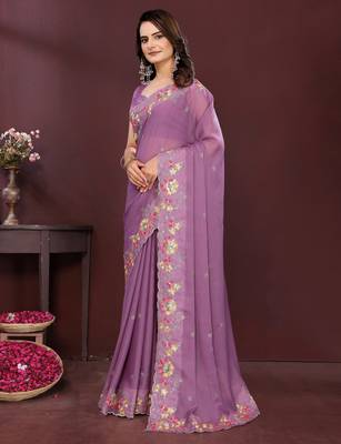 Lavender star georgette embroidery work ethnic partywear saree 4