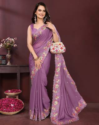 Lavender star georgette embroidery work ethnic partywear saree 5