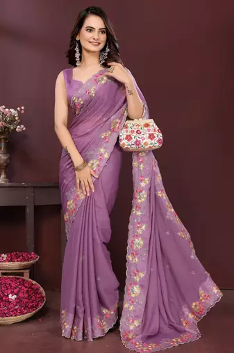 Lavender star georgette embroidery work ethnic partywear saree