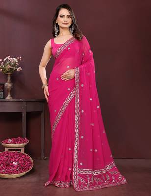 Pink georgette embroidery work ethnic partywear saree 1