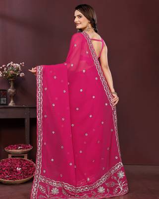 Pink georgette embroidery work ethnic partywear saree 2