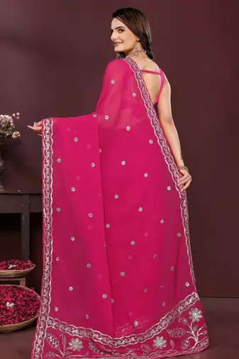 Pink georgette embroidery work ethnic partywear saree