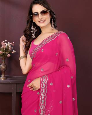 Pink georgette embroidery work ethnic partywear saree 3