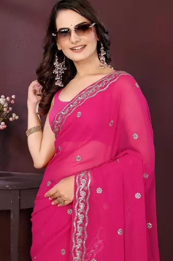Pink georgette embroidery work ethnic partywear saree