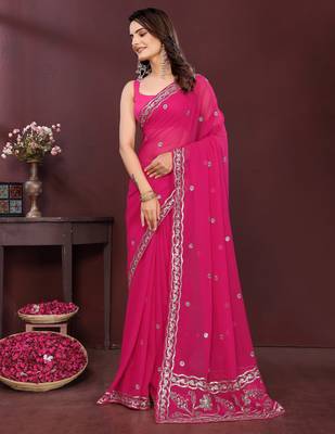 Pink georgette embroidery work ethnic partywear saree 4