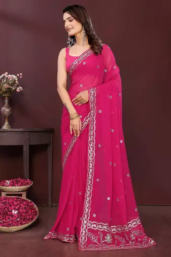 Pink georgette embroidery work ethnic partywear saree